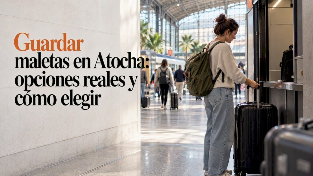 Viajera dejando su maleta en la consigna
