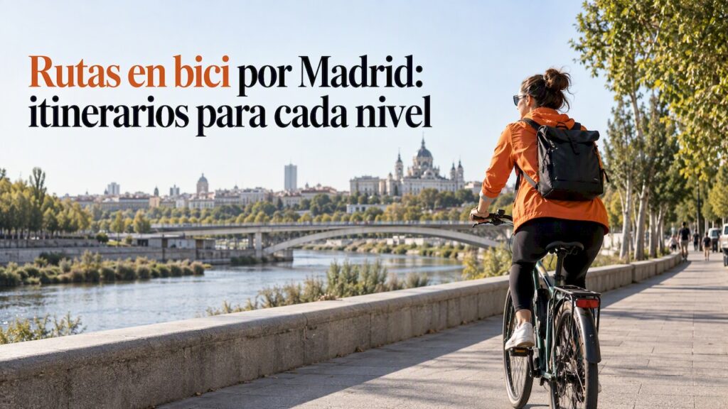 Rutas en bici por Madrid: itinerarios para cada nivel Ciclista circula por Madrid Río a la orilla del Manzanares