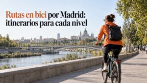 Madrid Guides Ciclista circula por Madrid Río a la orilla del Manzanares