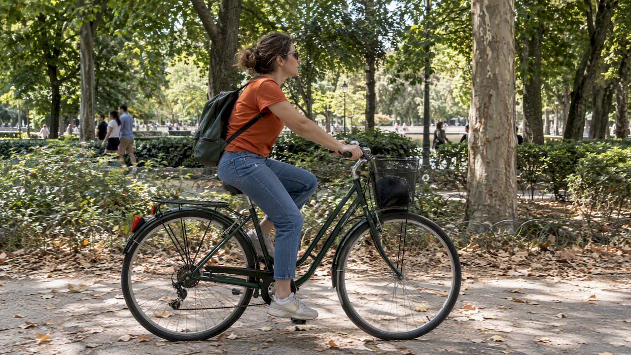 Rutas en bici por Madrid: itinerarios para cada nivel Ciclista pedalea entre los árboles del Retiro